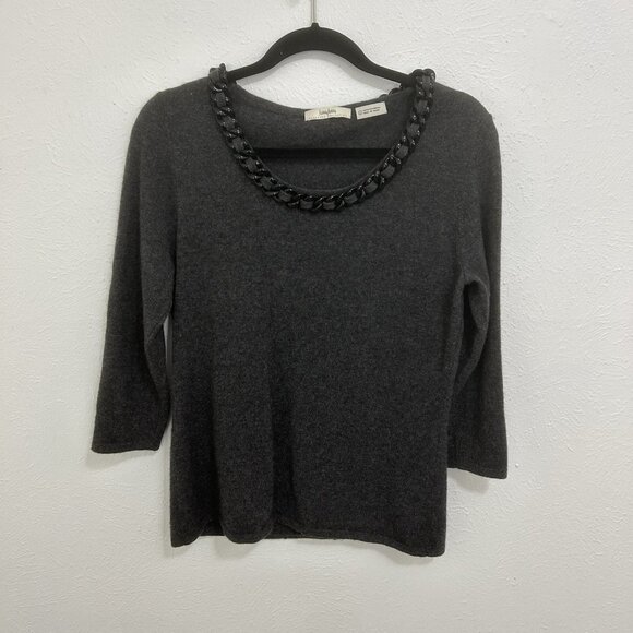 Neiman Marcus Gray 100% Cashmere Sweater Chainlink Neck Business Holiday Size L - Picture 1 of 8